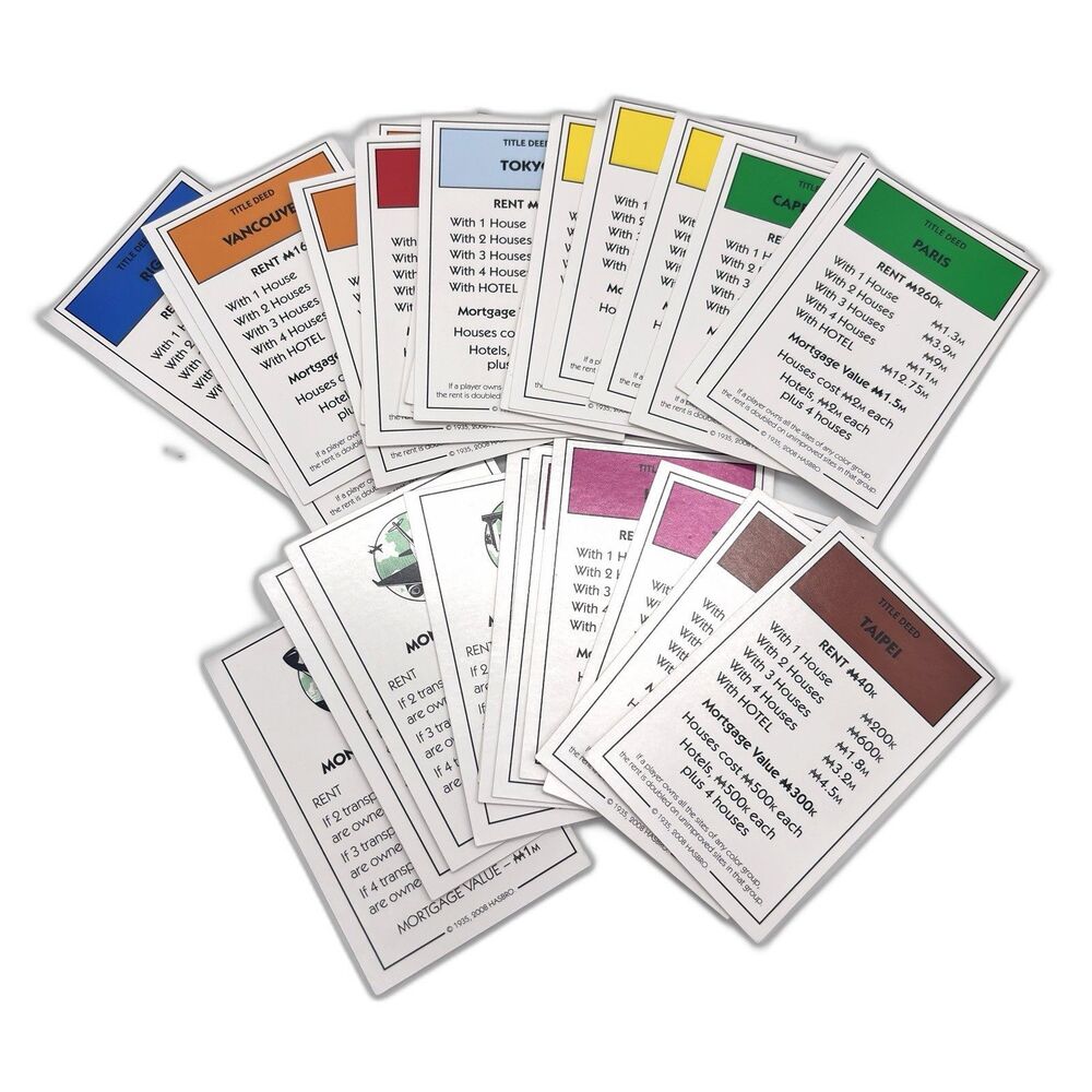 Monopoly Here & Now World Edition 2008 Replacement Title Deed Cards Full Set 28